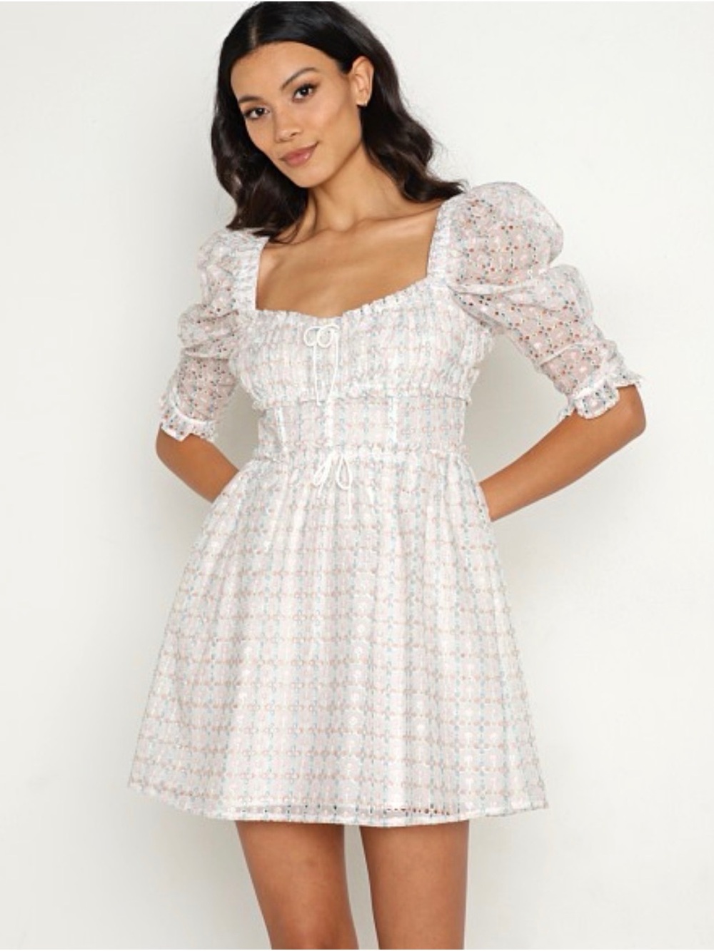For Love & Lemons White Floral Eyelet Puff-Sleeve Mini Dress
